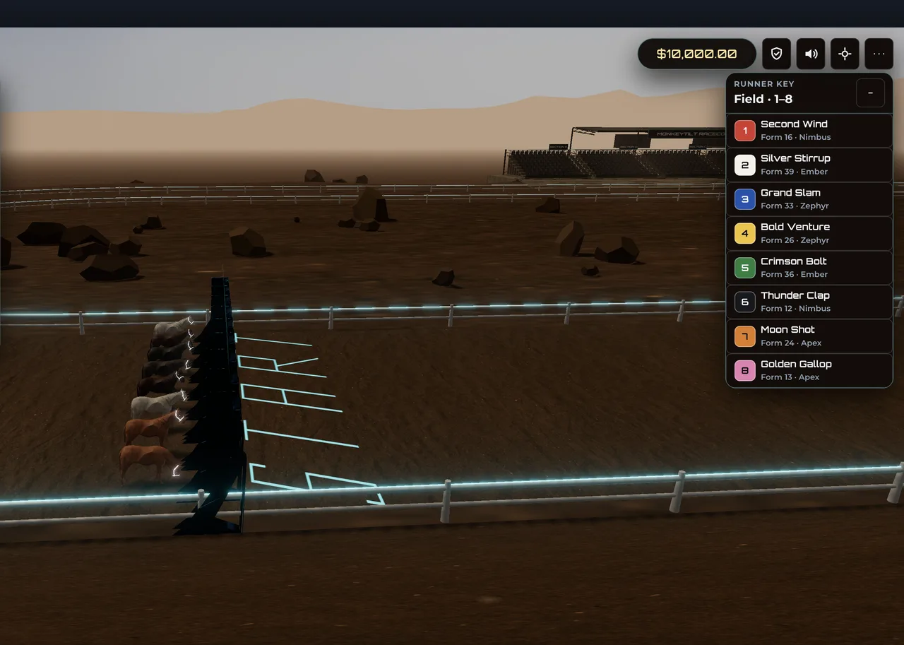 Horse racing starting gate with eight runners and live odds